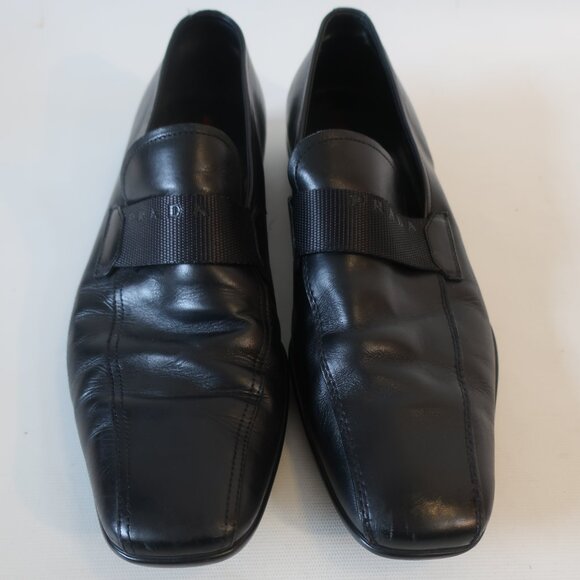 Mens Prada Black Leather Slip-On Designer Loafer Shoes 10 - Picture 1 of 16